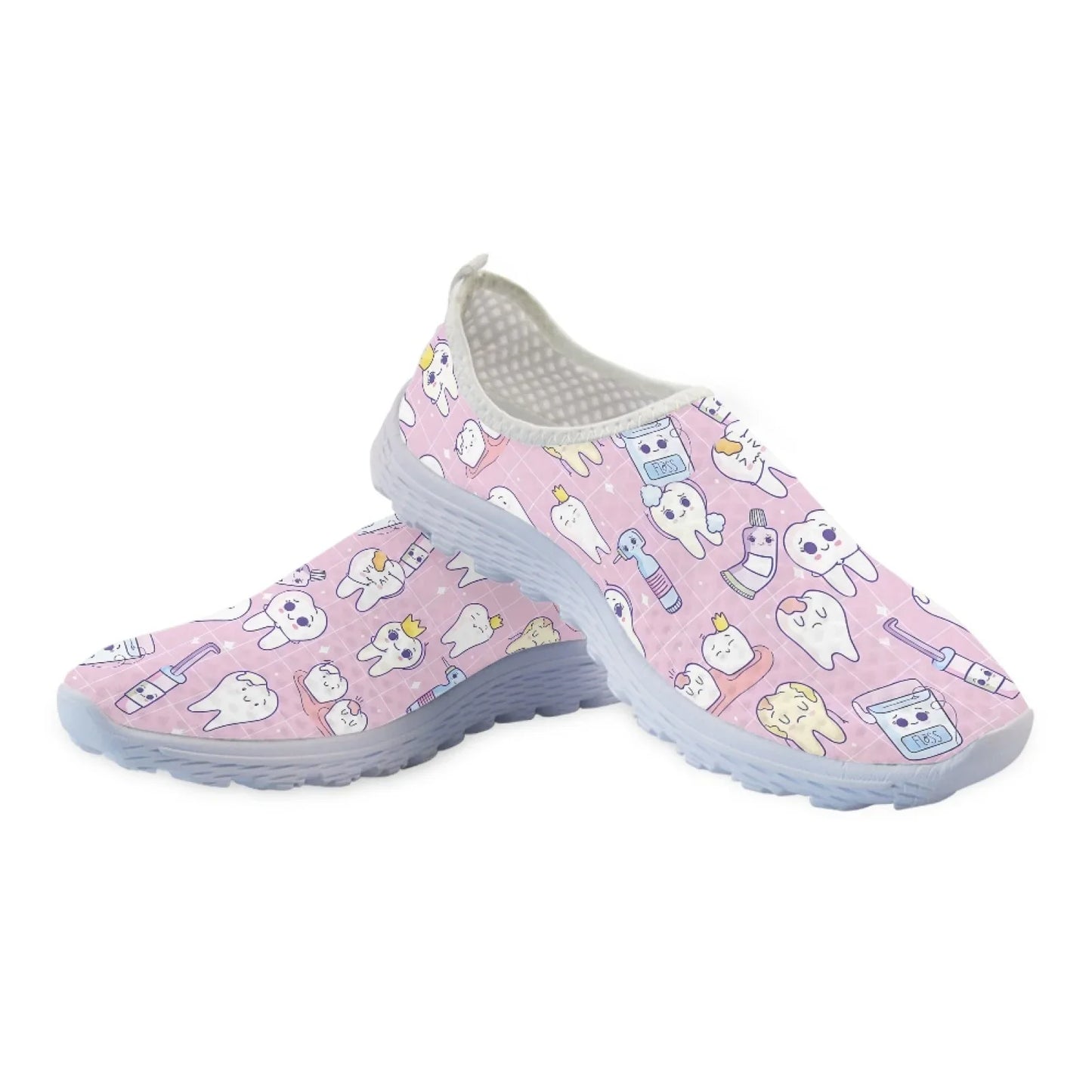 INSTANTARTS Cartoon Dental Loafers Pink Tooth Print Comfortable Breathable Shoes Medical Nurse Shoes Women's Slip On Shoes Flat