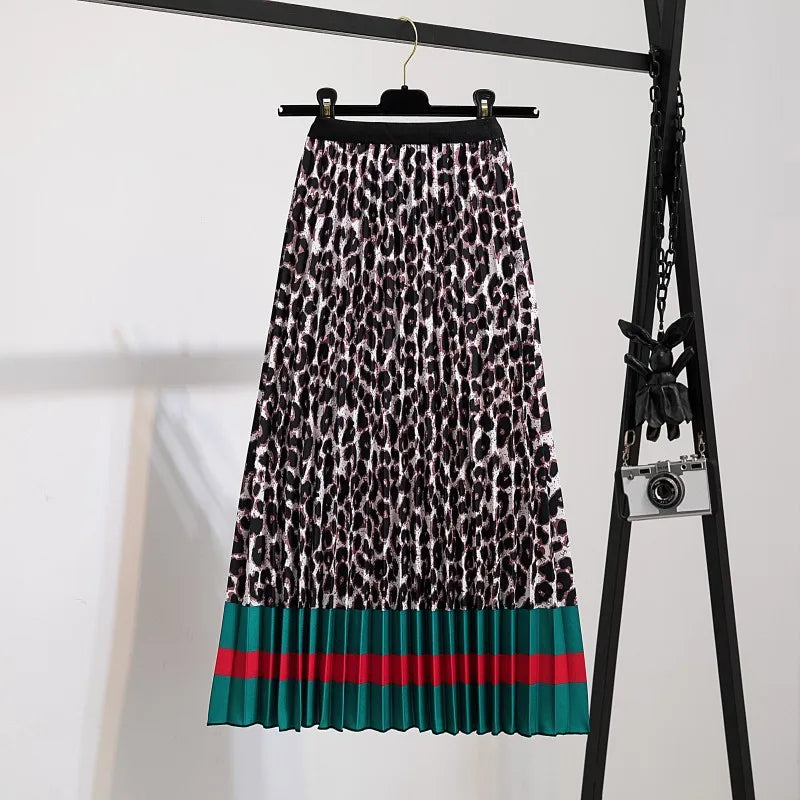 2023 Summer Women Cartoon Print Pleated Skirts A Line High Waisted Elastic Midi Long Skirt Ladies Party Korean Style Dresses