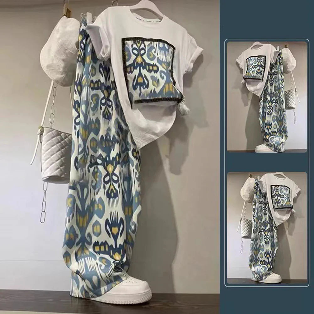 Fashion 2piece Set Women's Summer Thin O-neck Short Curled Sleeves Printed Patchwork T-shirt+Elastic Loose Wide Leg Pants