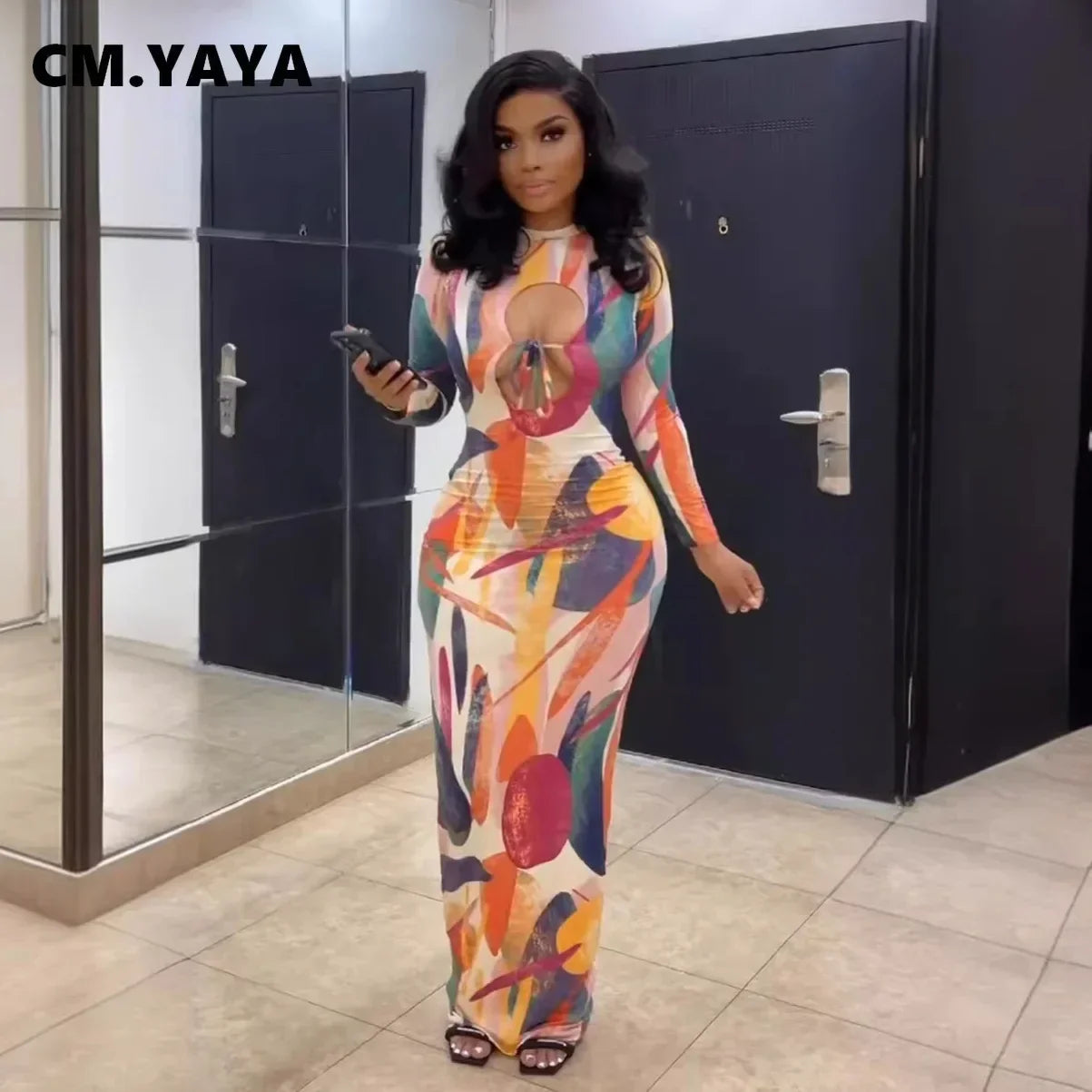 CM.YAYA Women Printed Cutout Front Long Sleeve O-neck Bodycon Midi Maxi Dress Evening Party Night Club Holiday Dresses Vestidos