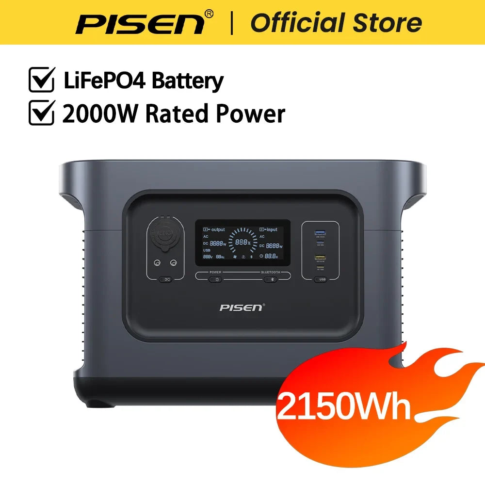 PISEN 2000W  (4200W Peak) Outdoor Power Station 2150Wh Lifepo4 Portable Solar Generator 110V/120V AC Output Portable Power Station for Outdoor Camping/ RV/ Home Backup Garden Party