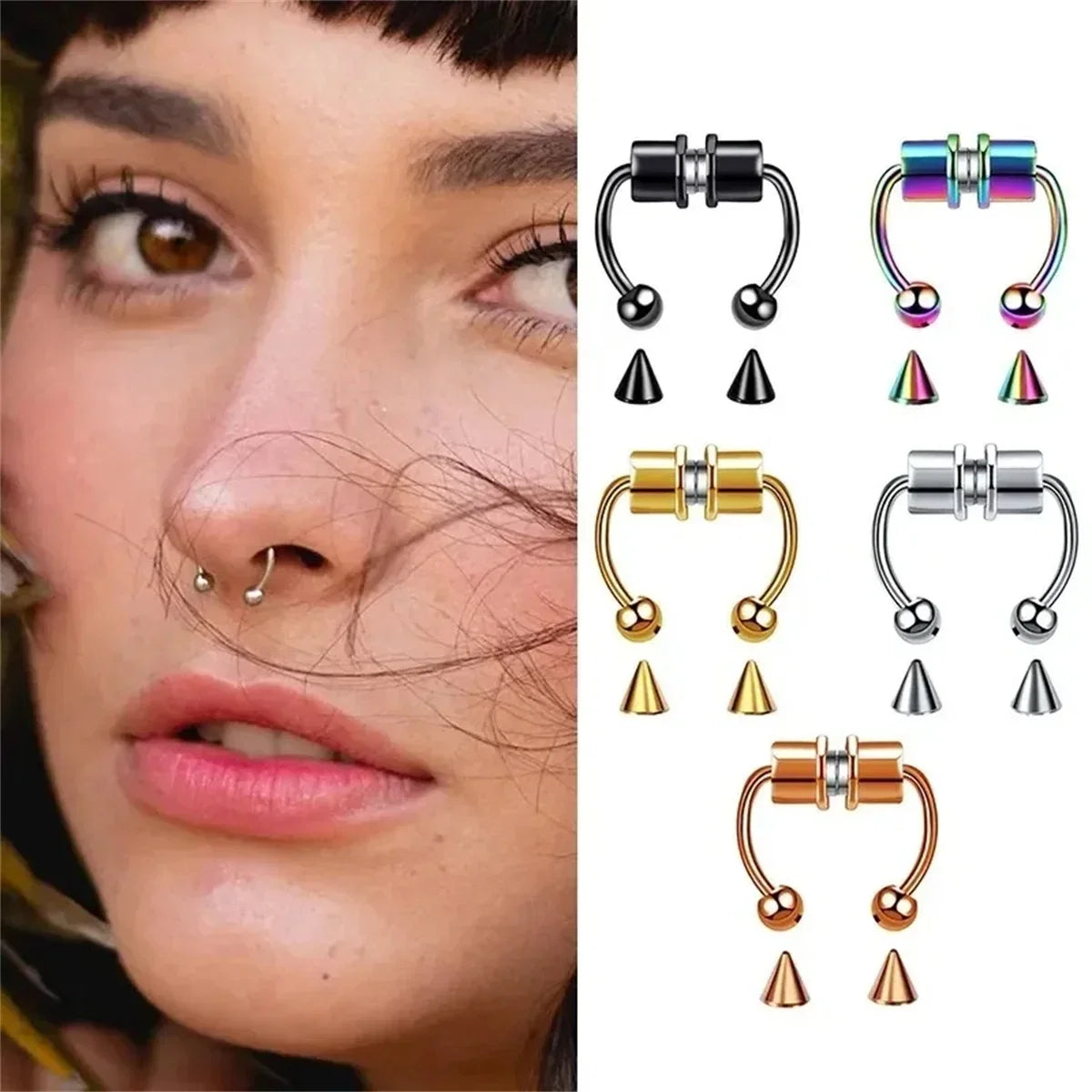 1/2/3/4/5pcs Fake Magnetic Stainless Steel Nose Rings, Non Piercing