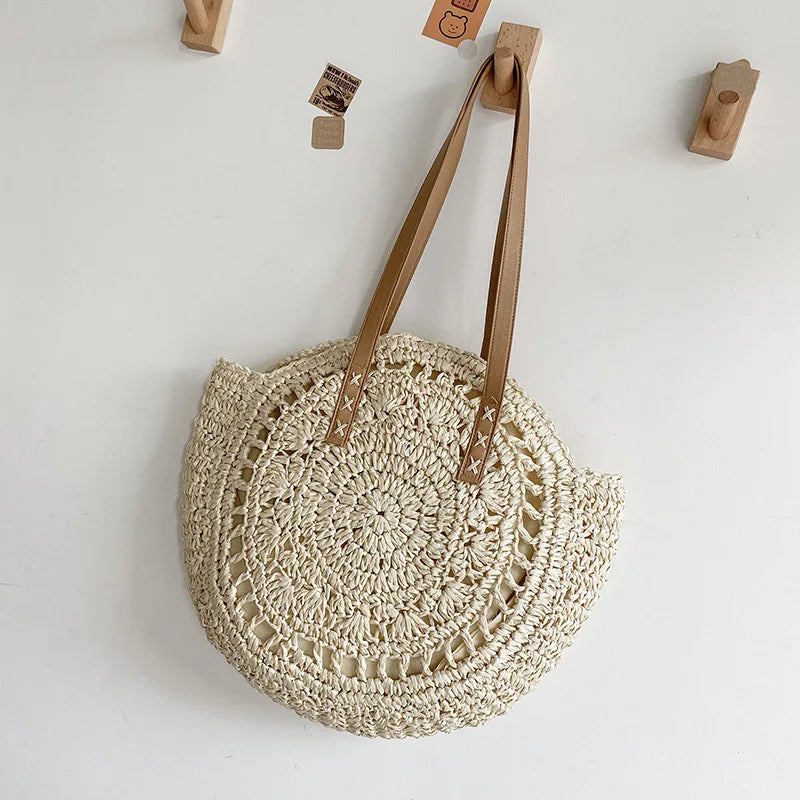 Round Straw Beach Bag Vintage Handmade Woven Shoulder Bag Raffia circle Rattan bags Bohemian Summer Vacation Casual Bags