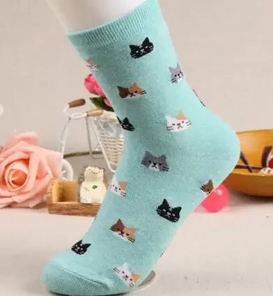 Cute Cartoon Cat Print Women Socks Sweet Cute Japanese Style Kawaii Long Socks Casual Harajuku Streetwear Cotton Soft Crew Socks