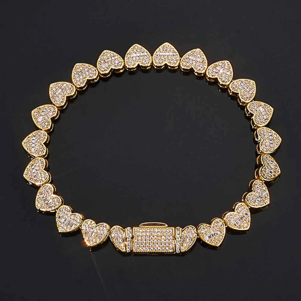 Iced Out Baguette Heart Tennis Chain Bracelet Silver Plated Zircon Mixed Inlay Fine Jewelry