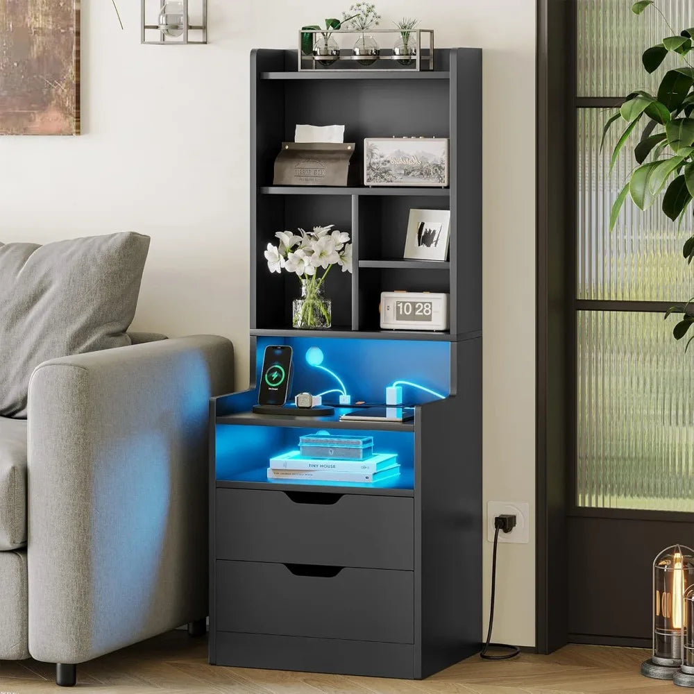 Charging Nightstand Set of 2 with LED Lights,Tall Night Stand with Bookshelf,Bedside Table with Drawers