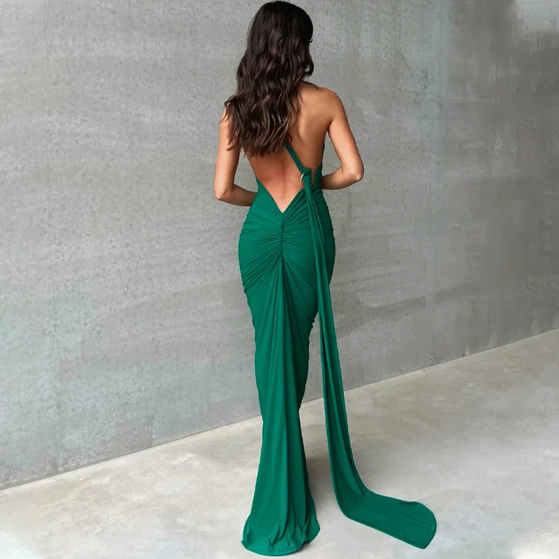 Hugcitar One Shoulder Backless Adjustable Scarf Loop Ruched Sexy Maxi Dress 2025 Women Elegant Y2K Streetwear Festival Outfit