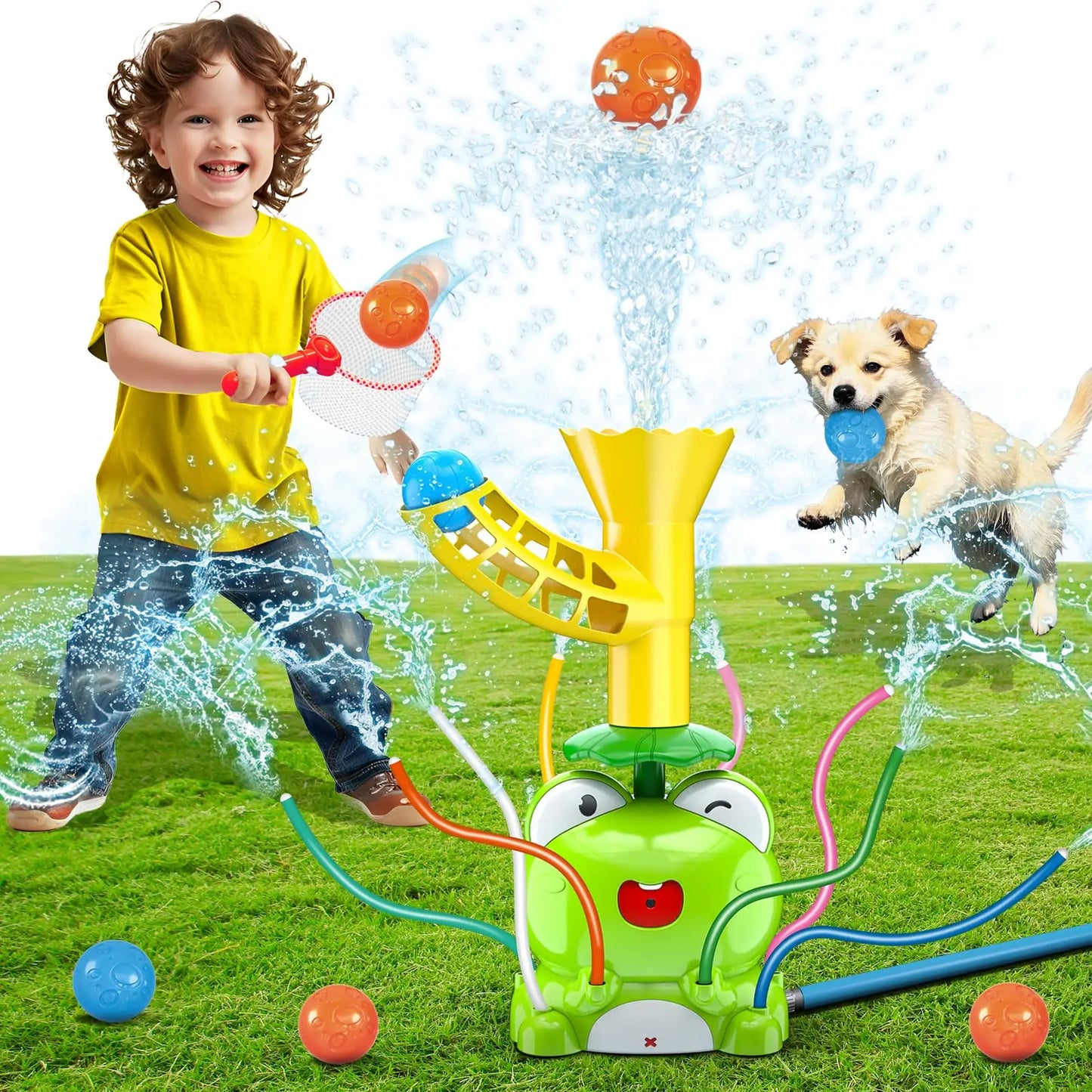 VATOS Kids Outdoor Water Play Sprinklers-2 in 1 Frog Sprinkler Spinning  Catch Ball Game Summer Water Play Set Toys for kids