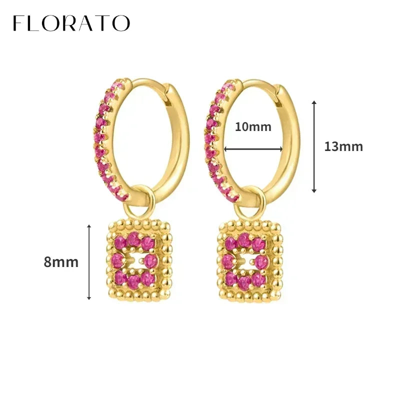 925 Sterling Silver Ear Needle Rose colors Zircon Hoop Geometric Pendant Earrings for women Luxury Fashion Wedding Jewellery2023