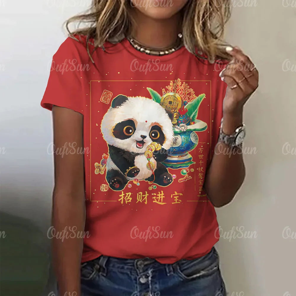 Cartoon Panda Pattern Women's T-Shirt O Neck Short Sleeve Tees Loose Pullover Summer For Ladies Female Fashion Streetwear Tops
