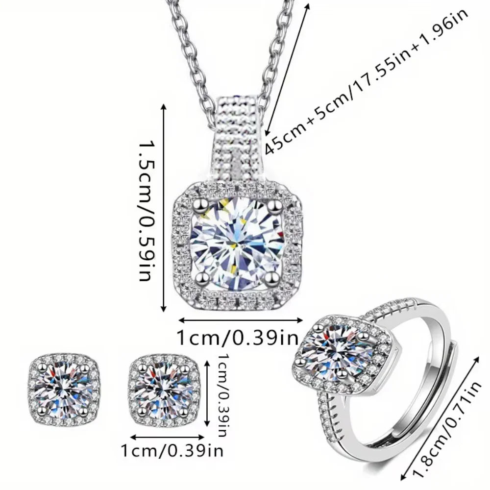 3pcs Set Luxury Brand Shiny Geometric Square Zircon Necklace Earring