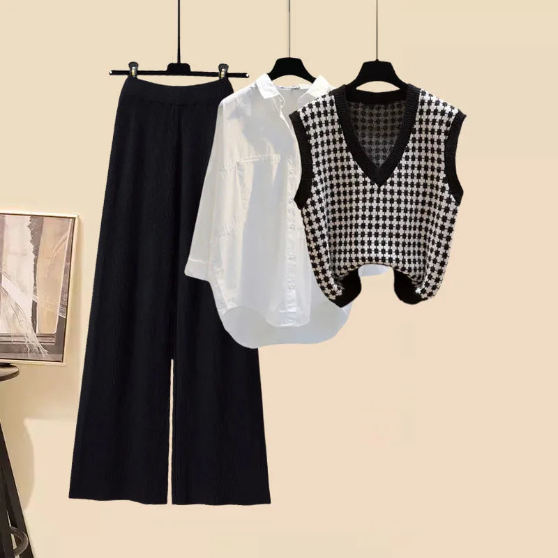 Fall Winter Knitwears 3 Pieces Set For Women Plaid Knitted Vest+solid Blouse+wide Leg Knitting Pants Sets Women Outfits 2024