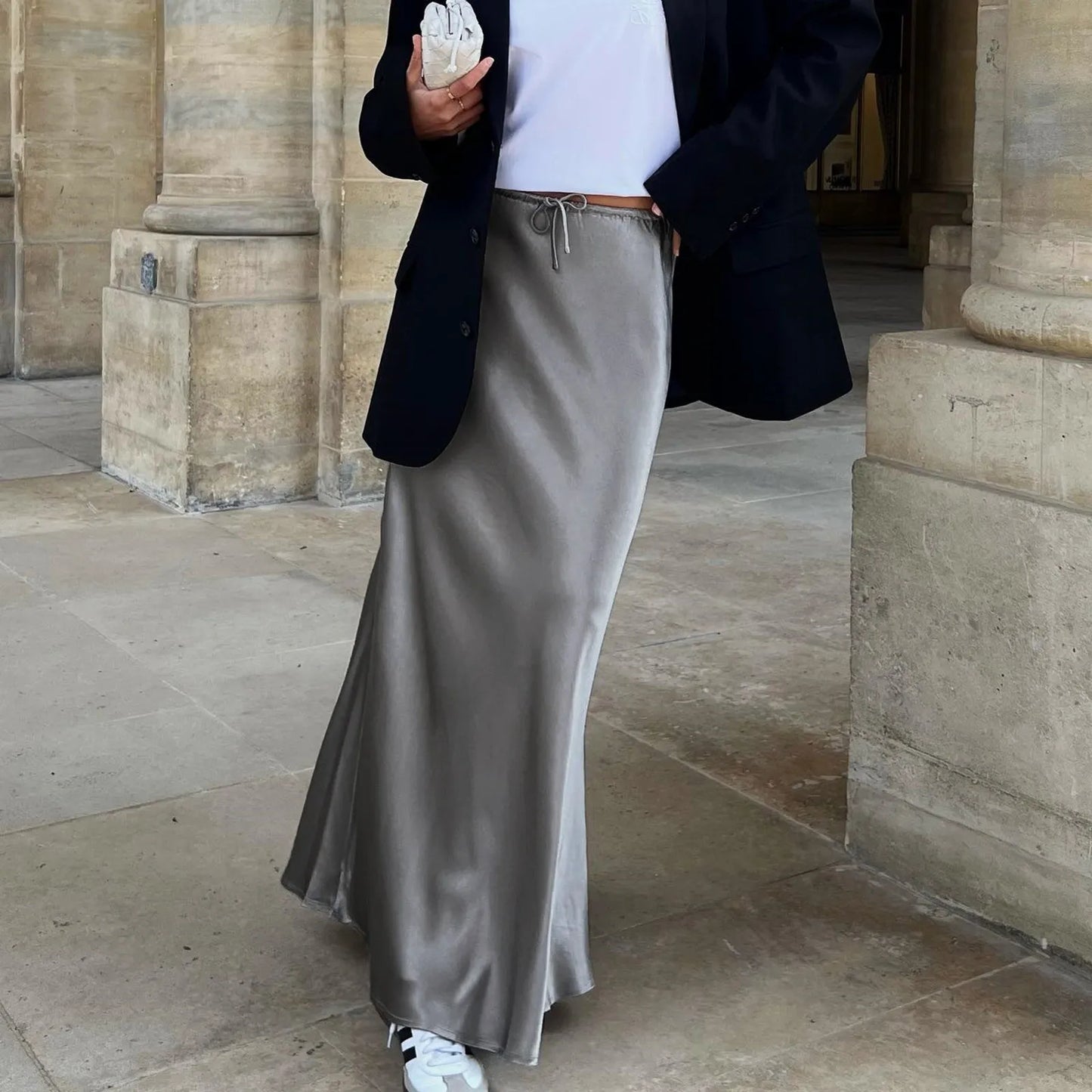 Women'S Solid Color Satin Long Dress High Waist Drawstring Dress Maternity Skirts Reflective Dress Trailing Dress Ropa De Mujer