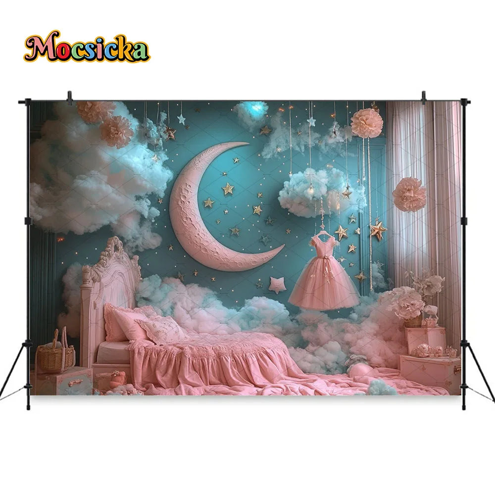 Princess Girl Birthday Party Night Photography Background Blue Pink Smoke Moon Star Boudoir Backdrop Kid Cake Smash Photo Studio