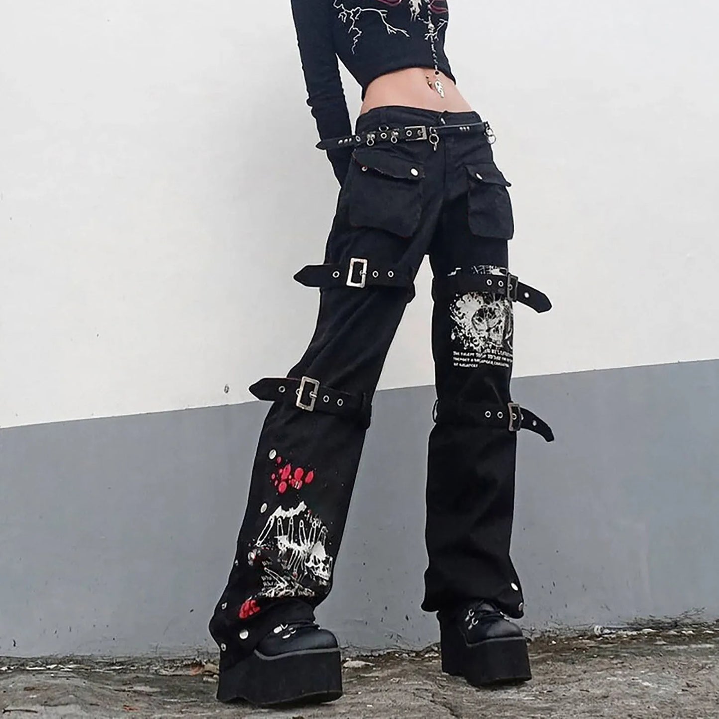 Women'S Trousers Low-Rise Gothic Jeans Street Washed Print Style Cool Loop Pants Retro Hip Hop Wide-Leg Pants Harajuku Fashion