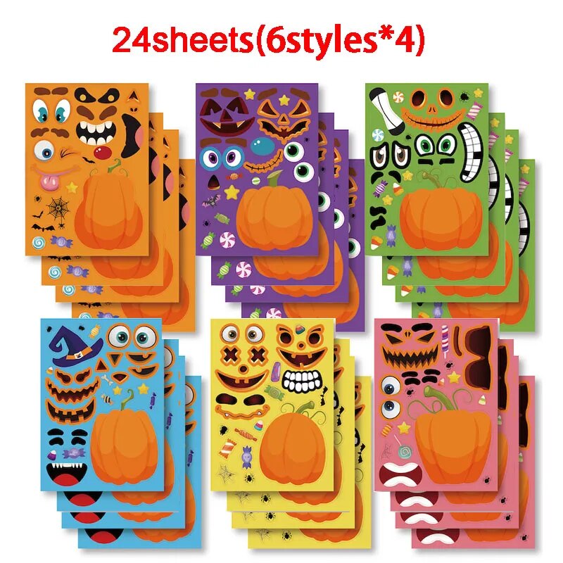 Halloween Party Favors Stickers for Kids 6-24sheets DIY Ghost Witch Mummy Make A Face Stickers Children Toddles Puzzle Jigsaw