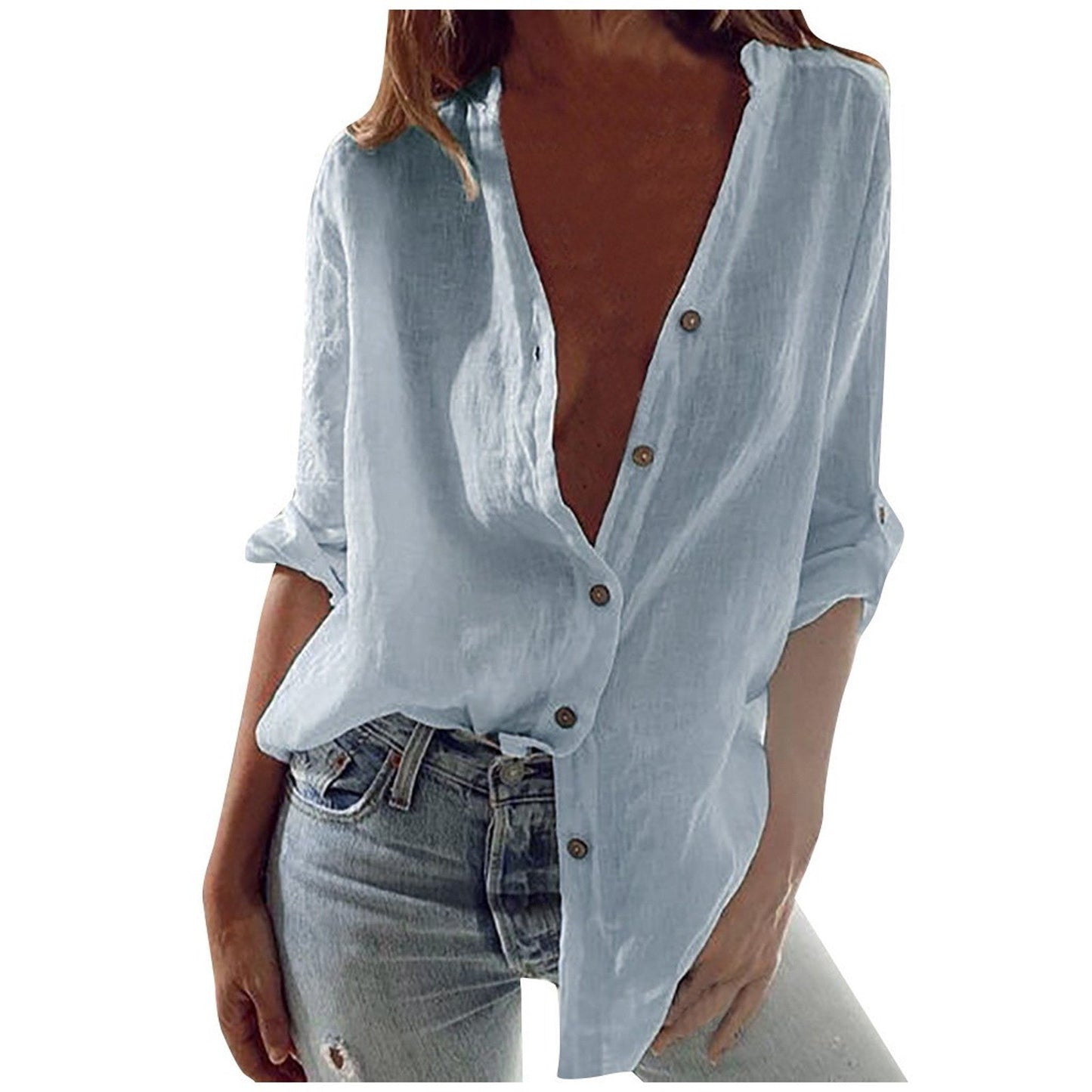 S-5XL Oversized Autumn Cotton Linen Shirt Fashion Button Up Women Shirts White Casual Loose Tops Solid Rollable Sleeve Top Blusa