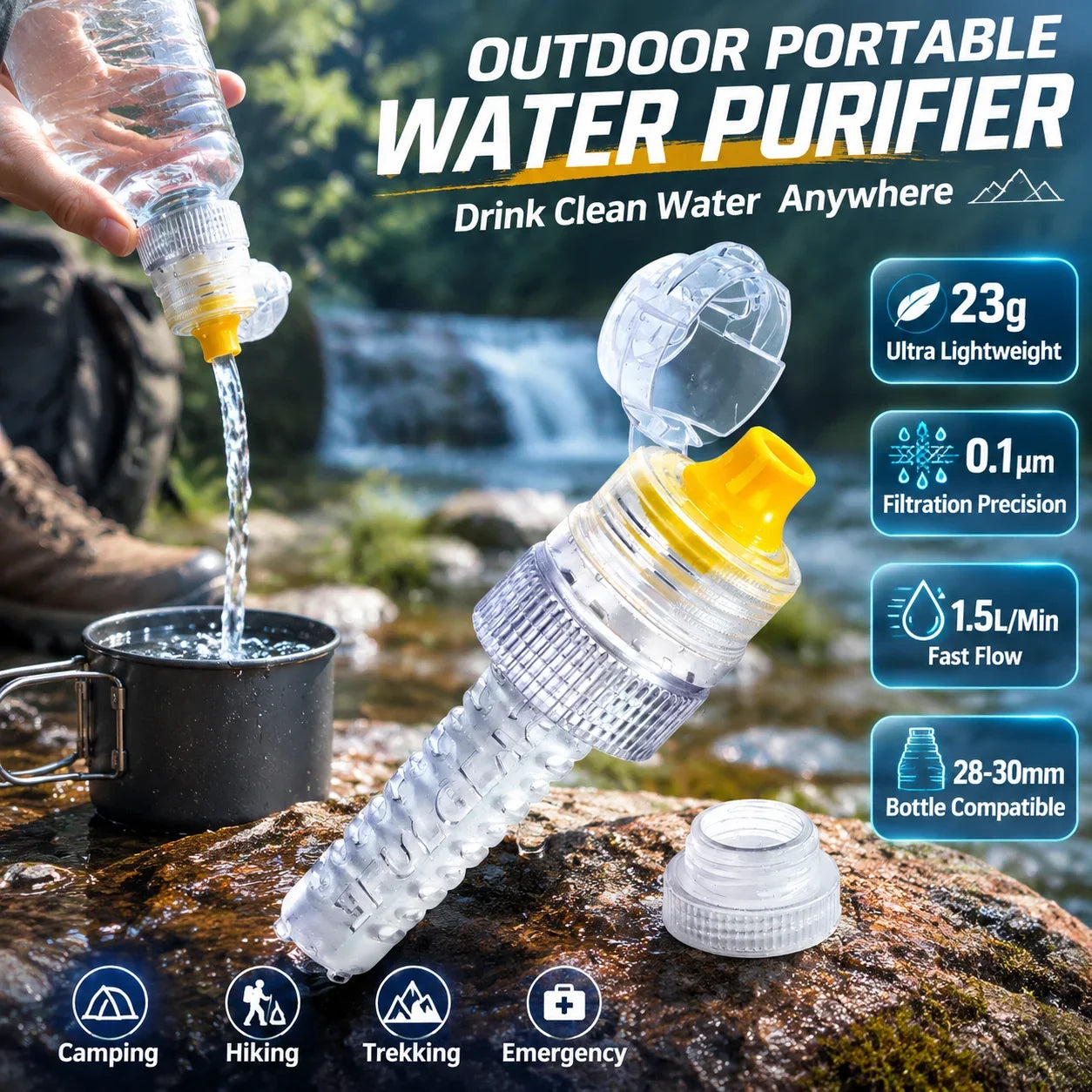 Mini Water Purifier Straw Lightweight Drinking Water Filter High‑Speed Water Flow Outdoor‑Use Filter Adapter For Camping Hiking