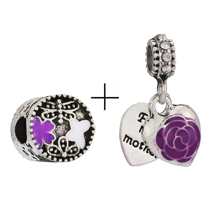 BRACE CODE 2Pcs/Lot Pan Spring New Purple Charm Love Floral Diy Beads Pendant Making Men's Women's Children's Fine Bracelets