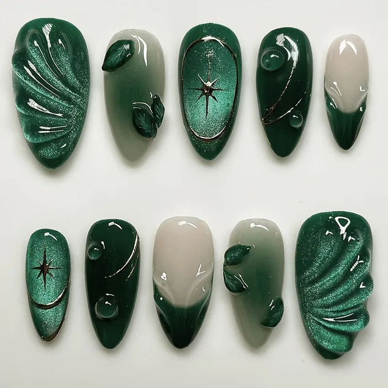 24Pcs Mid-length Almond Press on Fake Nails,3D Ripple Heart ,Pearl Star, Blue Smudge Detachable Full Cover Nails Tips.