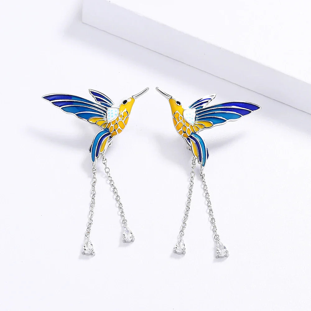 2024 New Fashion Bird Pendant Earrings Color Epoxy Tassel Long Earrings Handmade Enamel Women's Jewelry Earrings