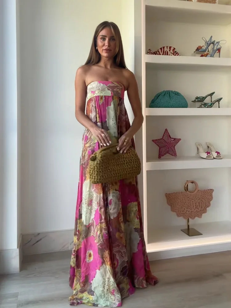 Retro Printed Strapless Long Dress Fashion Women's Sleeveless Off Shoulder Pleated Vestidos 2025 Summer Lady Beach Party Robes