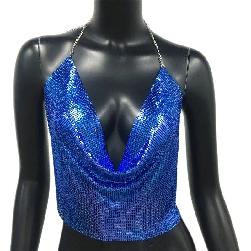AKYZO Women 2023 Sexy Metal Sequined Tank Camis Summer Gold Silver Backless Cropped Glitter Beach Club Show Wear Tank Tops