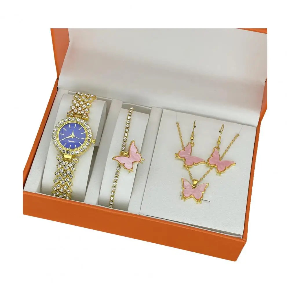 1 Set Women Jewelry Set with Gift Box Complete Collection of Quartz Watch Necklace Bracelet Ring Earring Set Golden Jewelry Gift