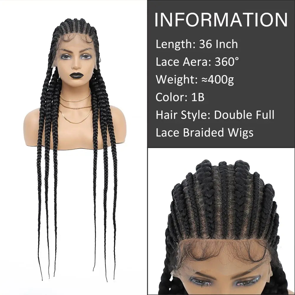 36 Inches Cornrows Braided Wigs Synthetic Full Lace Wig For Black Women Jumbo Braided Wigs Lace Frontal Faux Locs Box Braids Wig