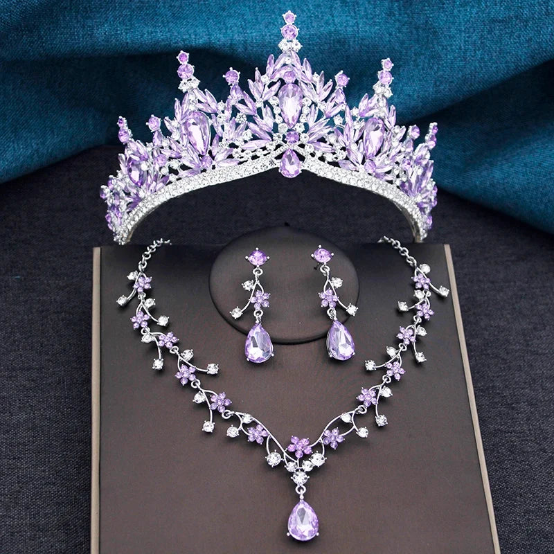 Baroque Wedding Crown for Bride 3-Pack Tiara Earrings Necklace Bridal