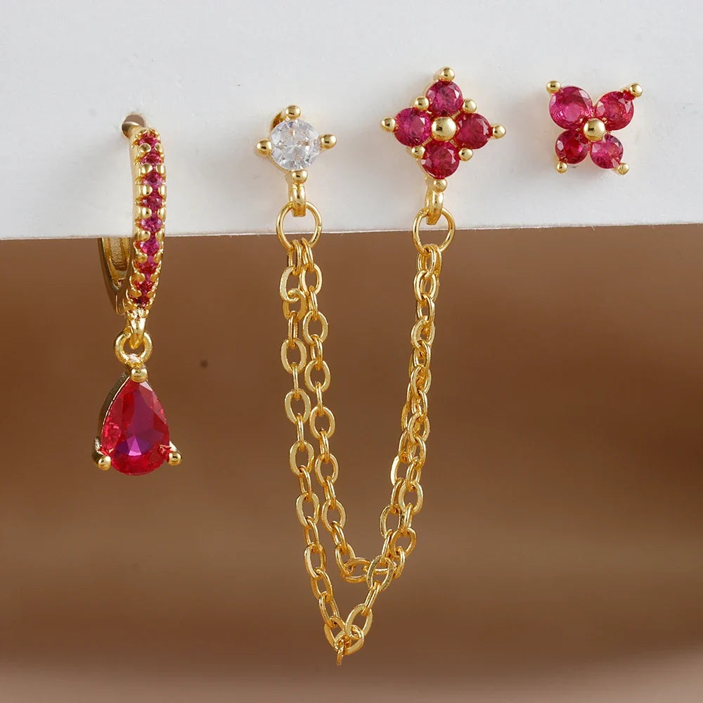 3PCS Set Stainless Steel Crystal CZ Butterfly Ear Stud Earring Gold