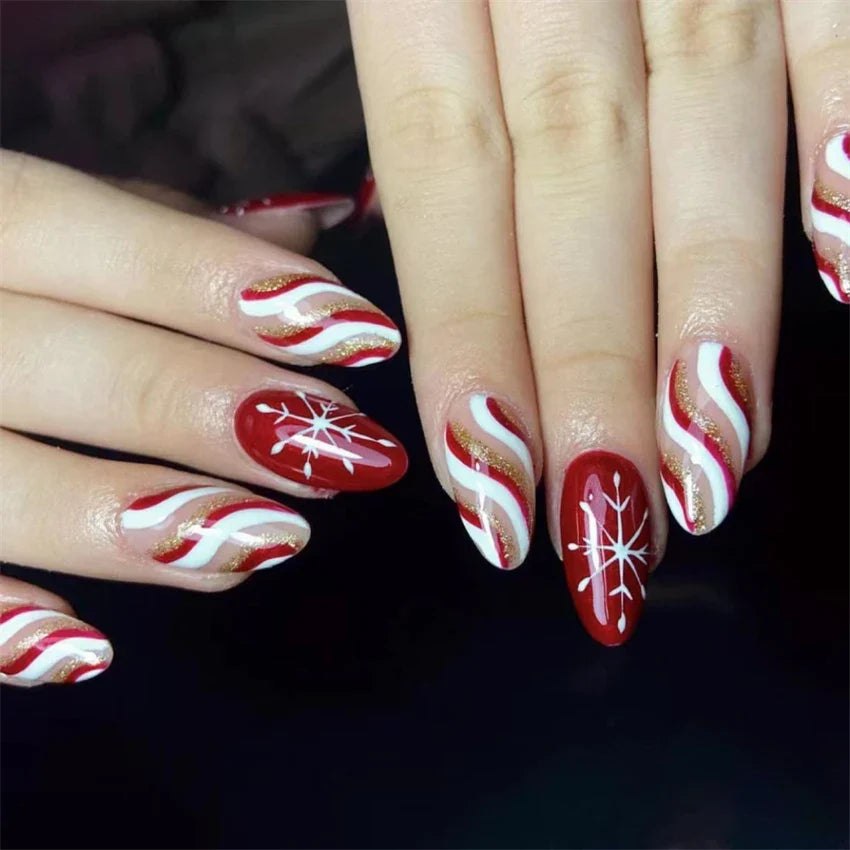 24Pcs/Set American Almond Christmas Wearing False Nails Full Coverage Press on Nails Removable Adhesive Acrylic Fake Nails Tips