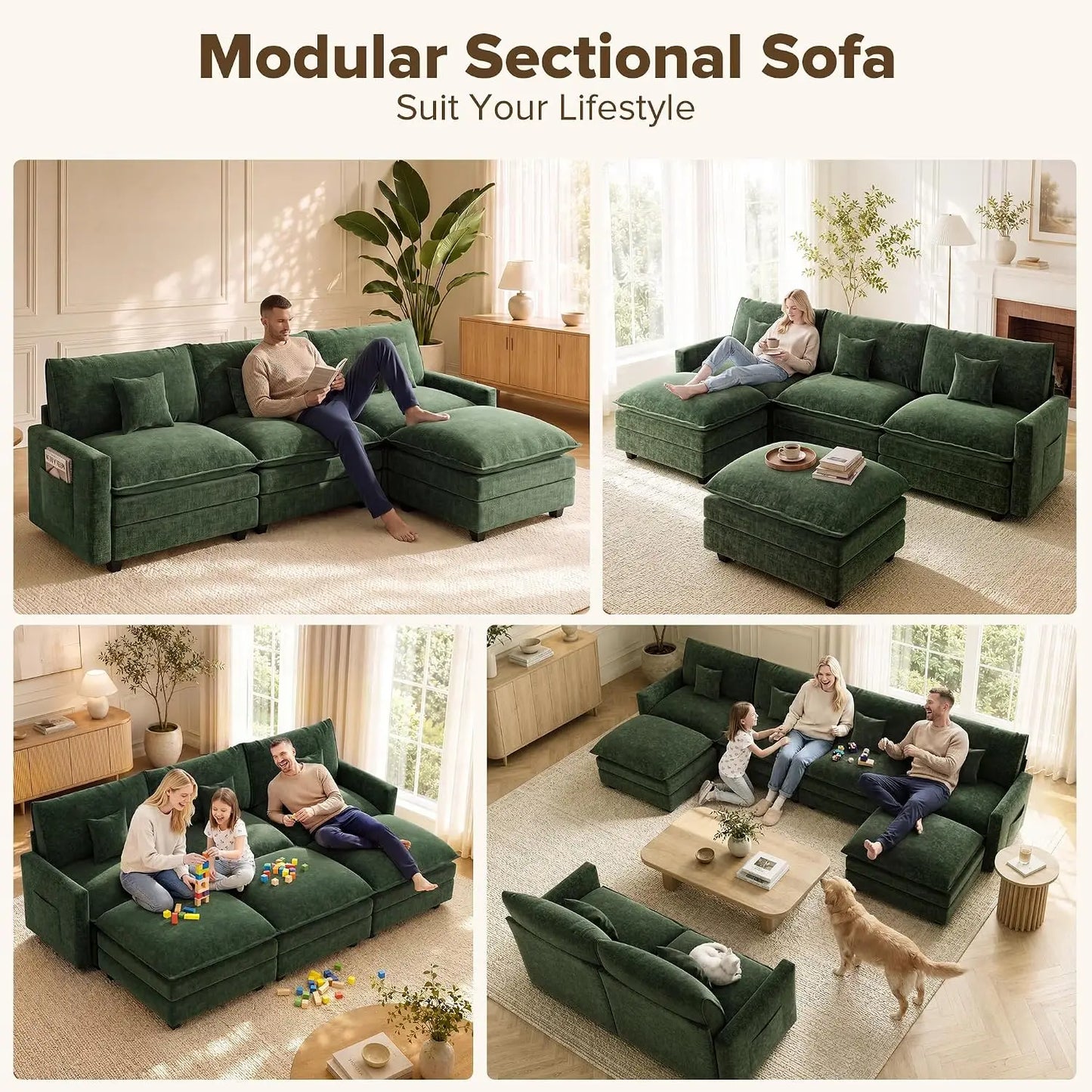 108 Inch Cloud Couch Sectional, Modular Sectional Sofa with Ottoman, Green | L Shaped Sectional Couches for Living, Customized