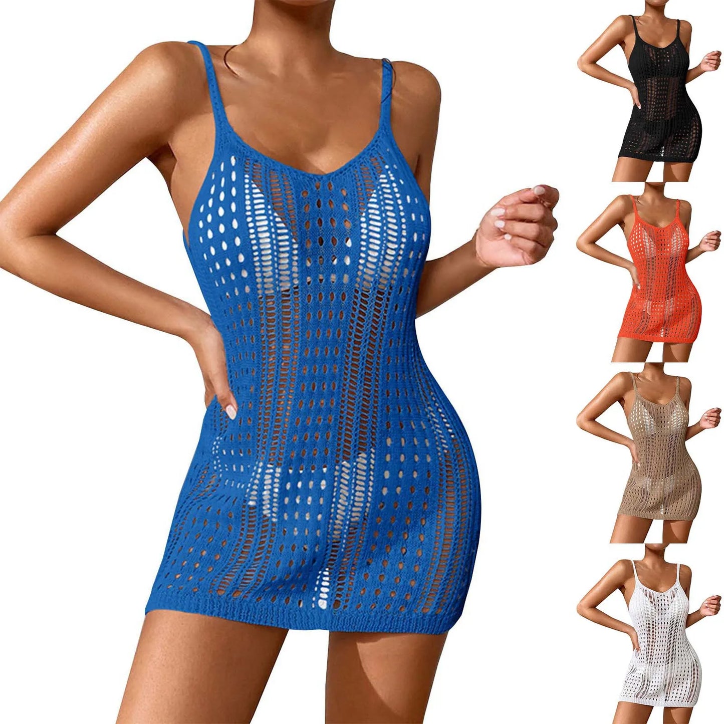 Women'S Sexy Sheer Knit Textured Crochet Overlay Spaghetti Strap Short Dress Beach Cover Women S Swim Cover Ups Halter Cover Up