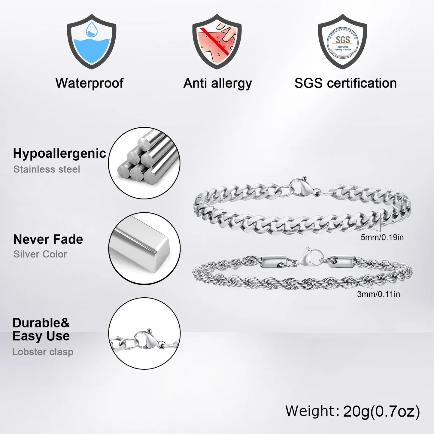 2pcs Men's Chain Bracelets, Stainless Steel Silver Gold Black Color