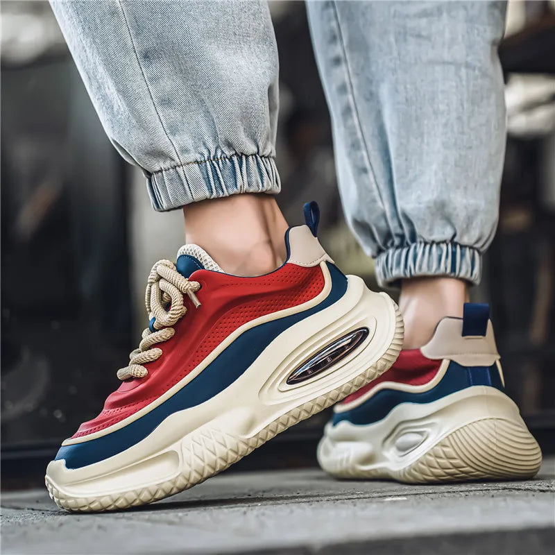 Fall Winter Leather Surface Thick Bottom Shoes, Versatile, Color Block Style, Student Casual Shoes.