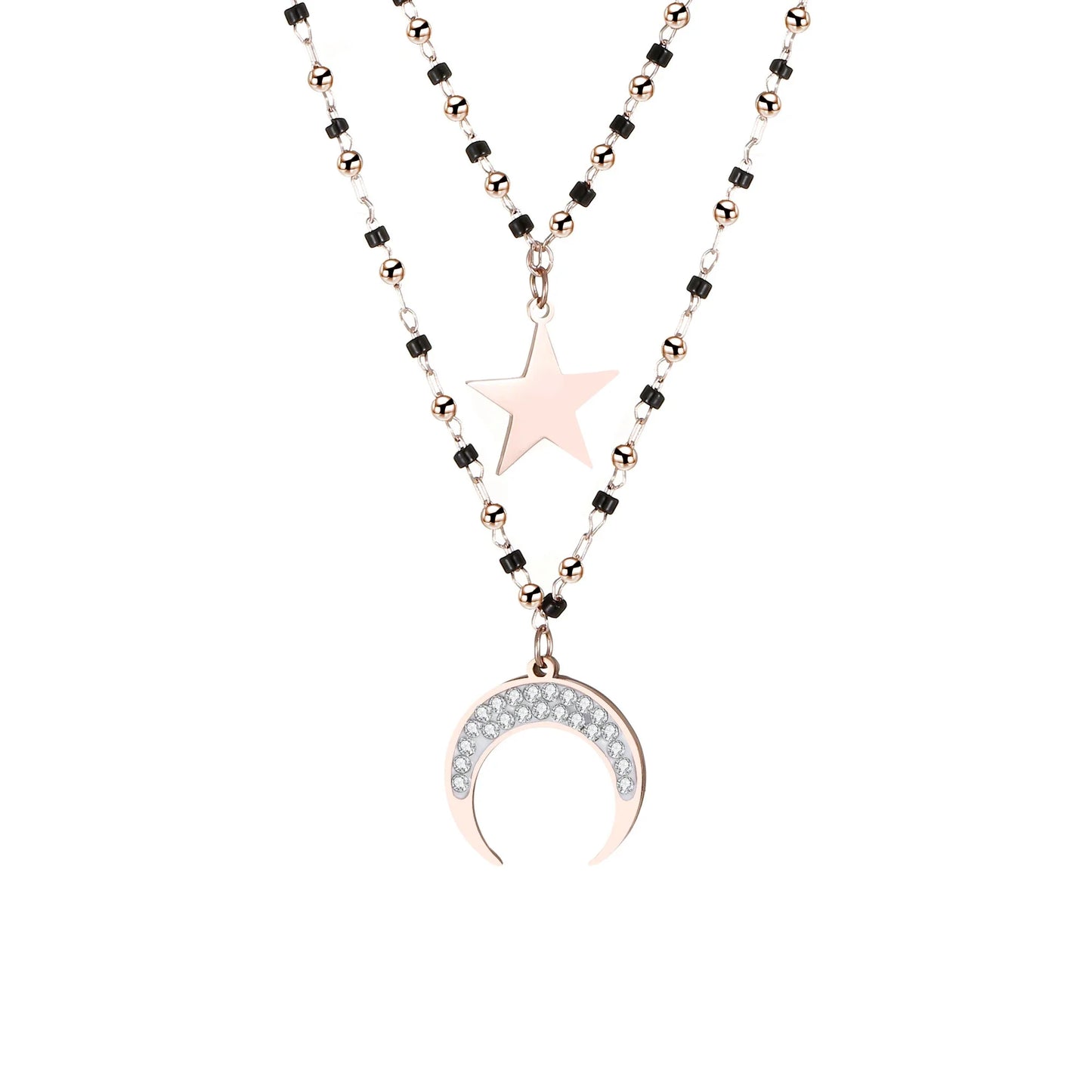 Fashion Double Layer Black Crystal Beads Necklace For Women Stainless Steel Star Choker Necklace Women's Jewelry femme Bijoux