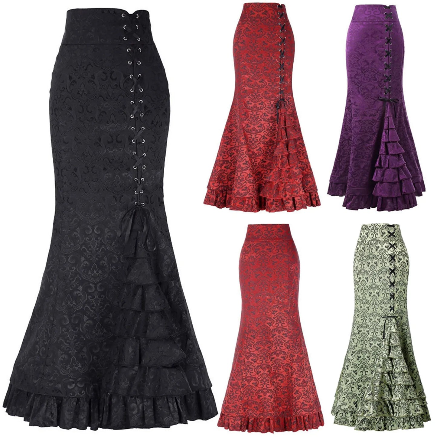 Vintage Women Trumpet Mermaid Skirt Gothic Long Steampunk Skirt Maxi Fishtail Victorian Ladies Retro Bandage Skirt Y2k Steetwear