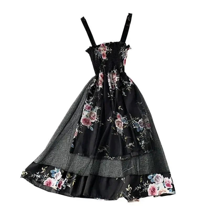 litmage Summer Women's Dress French Retro Square Neck Print Suspender Dress New Waist Lace Feamle Short Dresses HH293