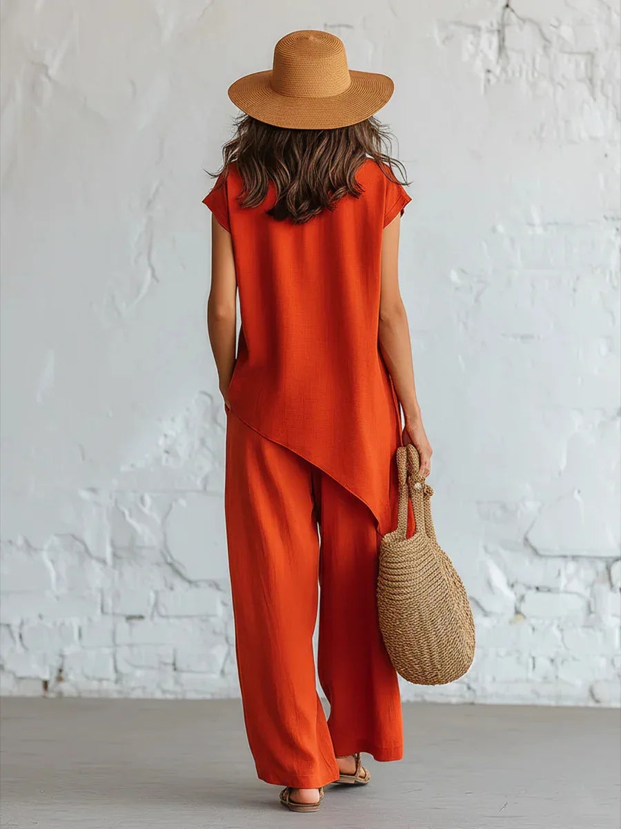 2026 Women 2 Piece Set Elastic Waist Pocket Button Decorate Wide Leg Pants+Solid Blouse Suit Casual Top Trousers Lady Outfits