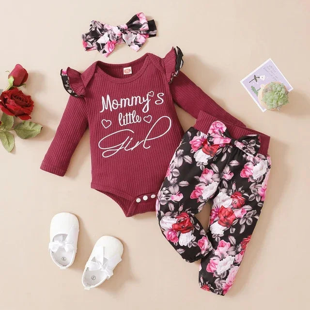 3Pcs Newborn Girl Clothes Ruffle Button Romper + Floral Print Pants Baby Girl Clothes Set Infant Kids Clothing Fall Baby Outfits