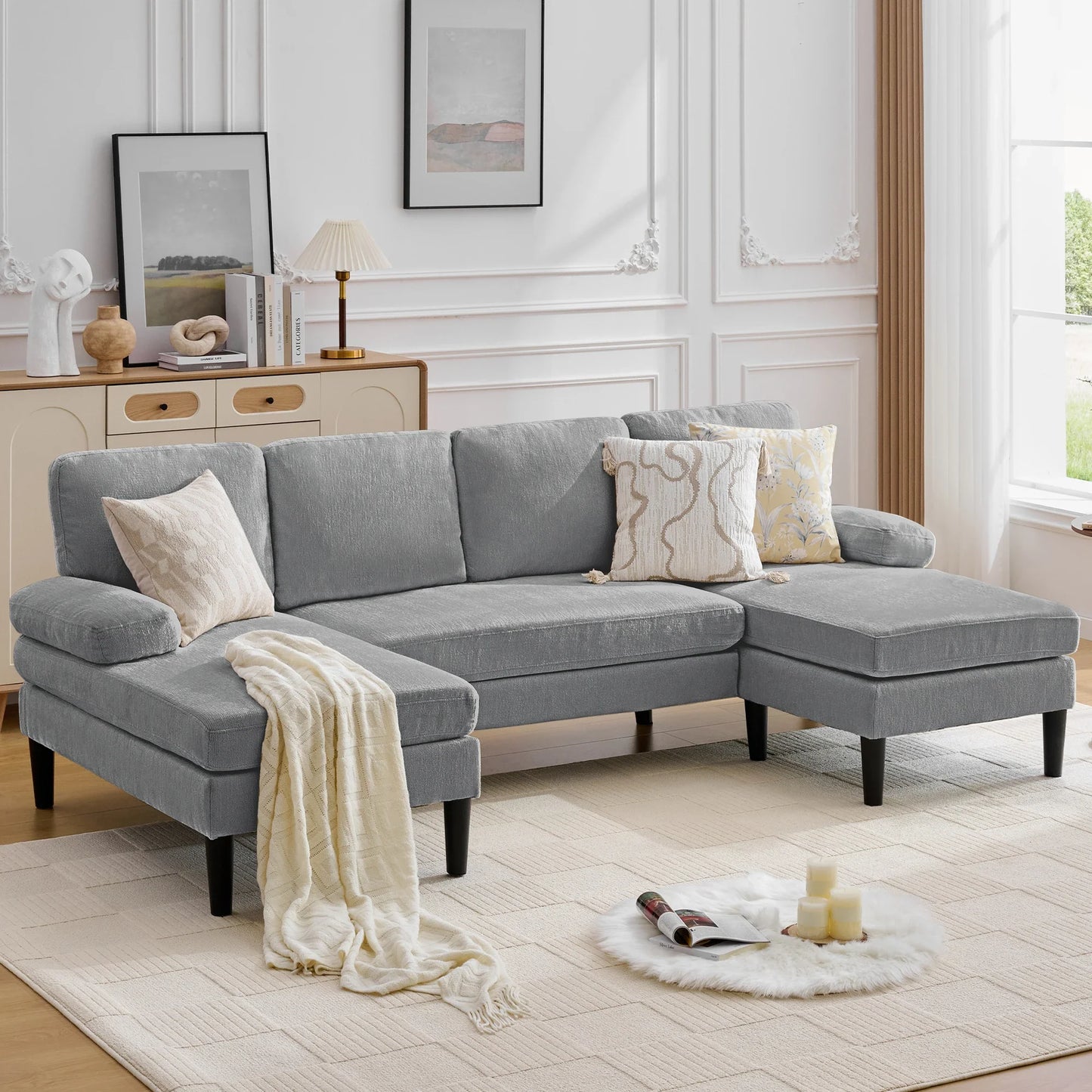 Korser U-Shaped Sectional Sofa 4 Seater Lounge Sleeper with Removable Cushions Upholstered Couches for Living Room