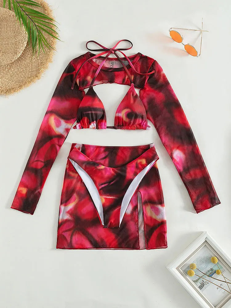 Swimming Suit Long Sleeved Sexy Split Swimsuit Women's Bikini Hanging Neck Strap Swimwear Summer Beachwear Print Female Clothes