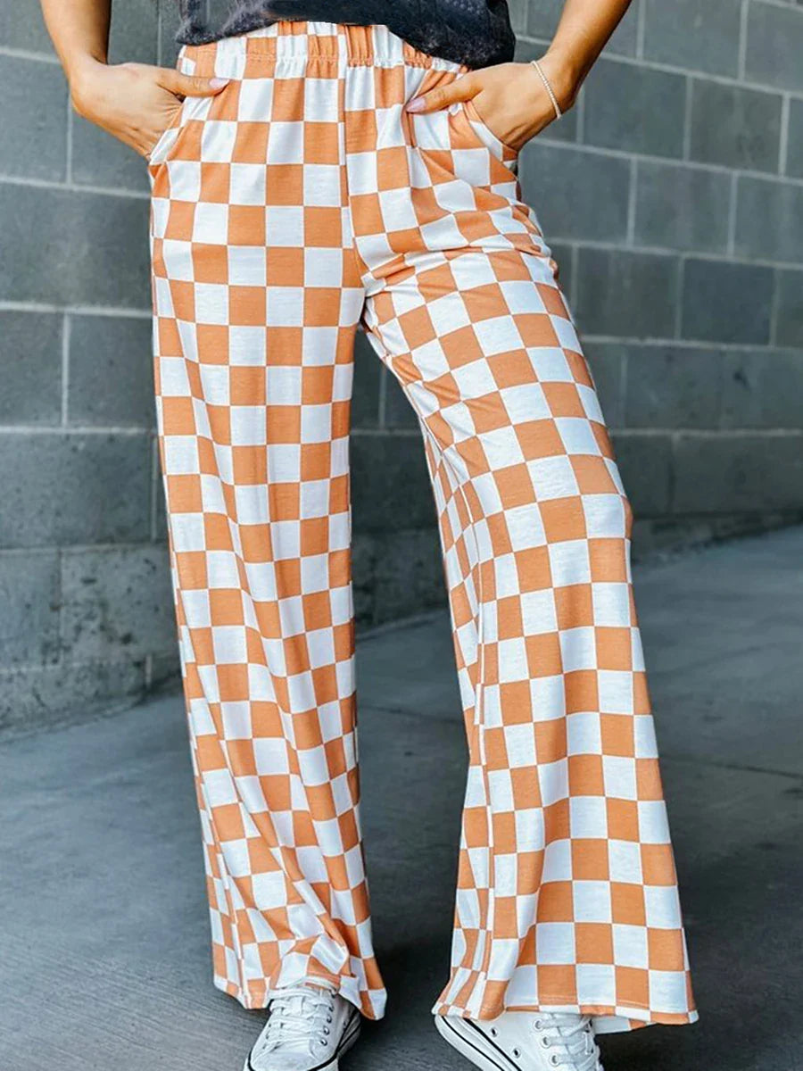 Womens Checkered Wide Leg Pants High Elastic Waisted Straight Loose Fitted LoungeTrouser Y2k Korean Streetwear