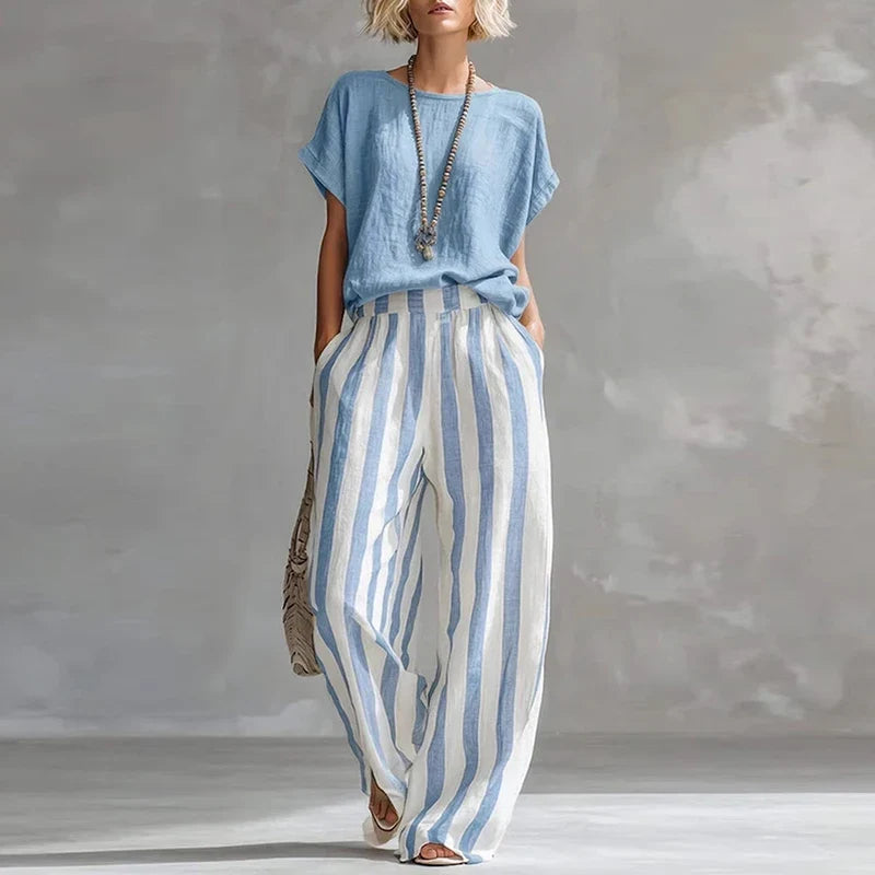 Vintage Women Two Piece Set O Neck Loose Short Sleeve Women T-Shirts Striped Printed Pants Suit Women Summer Casual Outfits