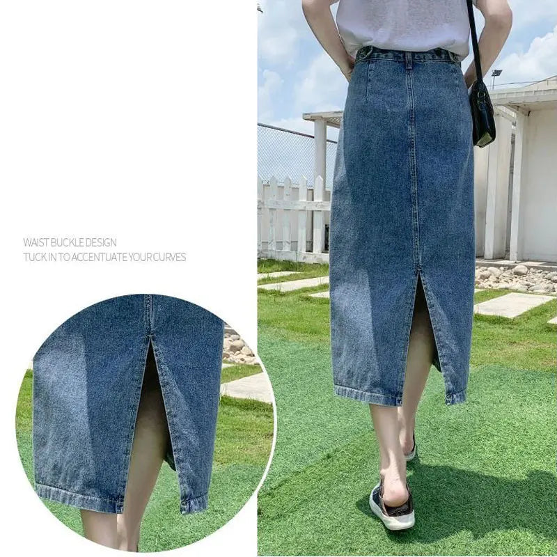 Summer Long Denim Skirt Women Oversize 5XL Korean Fashion Split Faldas Jean Mid-Length High Waist Skirts Blue Loose Cowboy Jupe