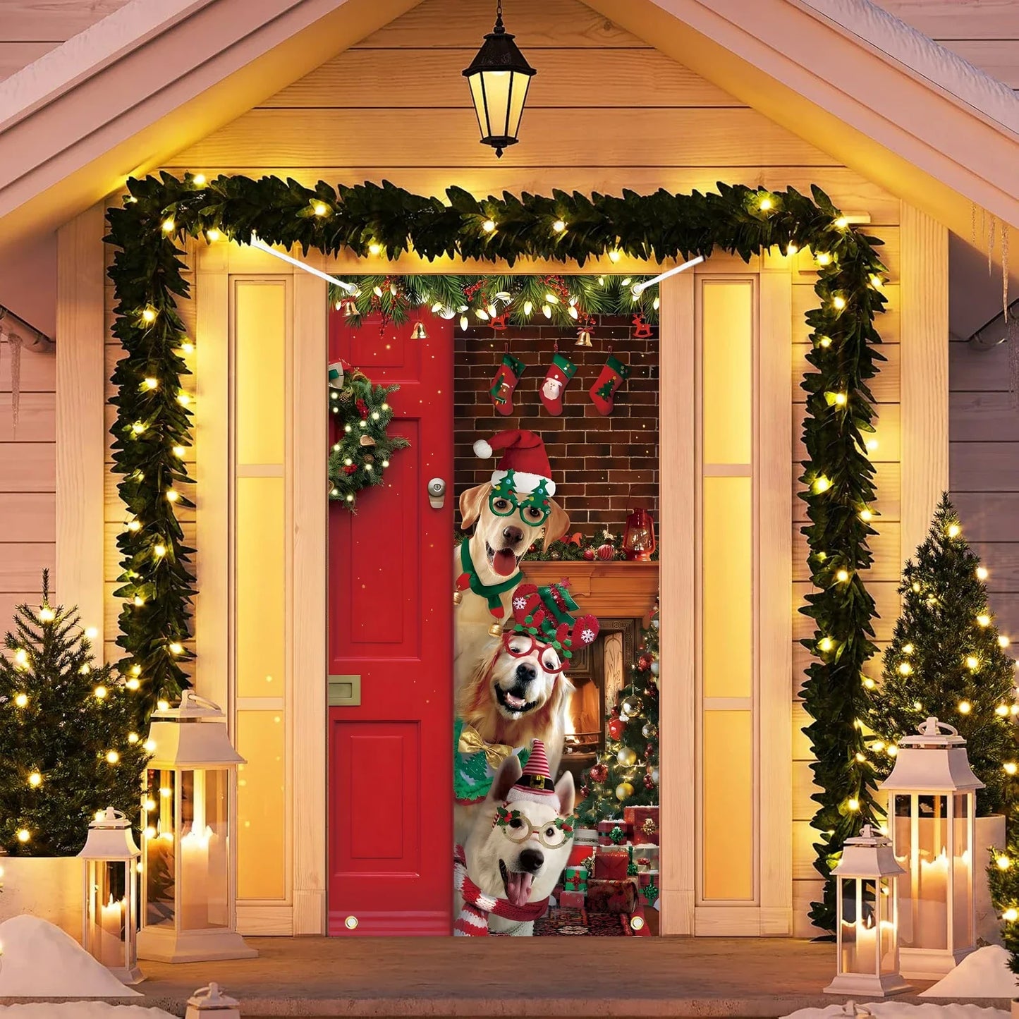 Christmas Door Cover Decoration Funny Merry Christmas Door Cover Backdrop Xmas Party Door Cover Cute Santa Dog Background Holida