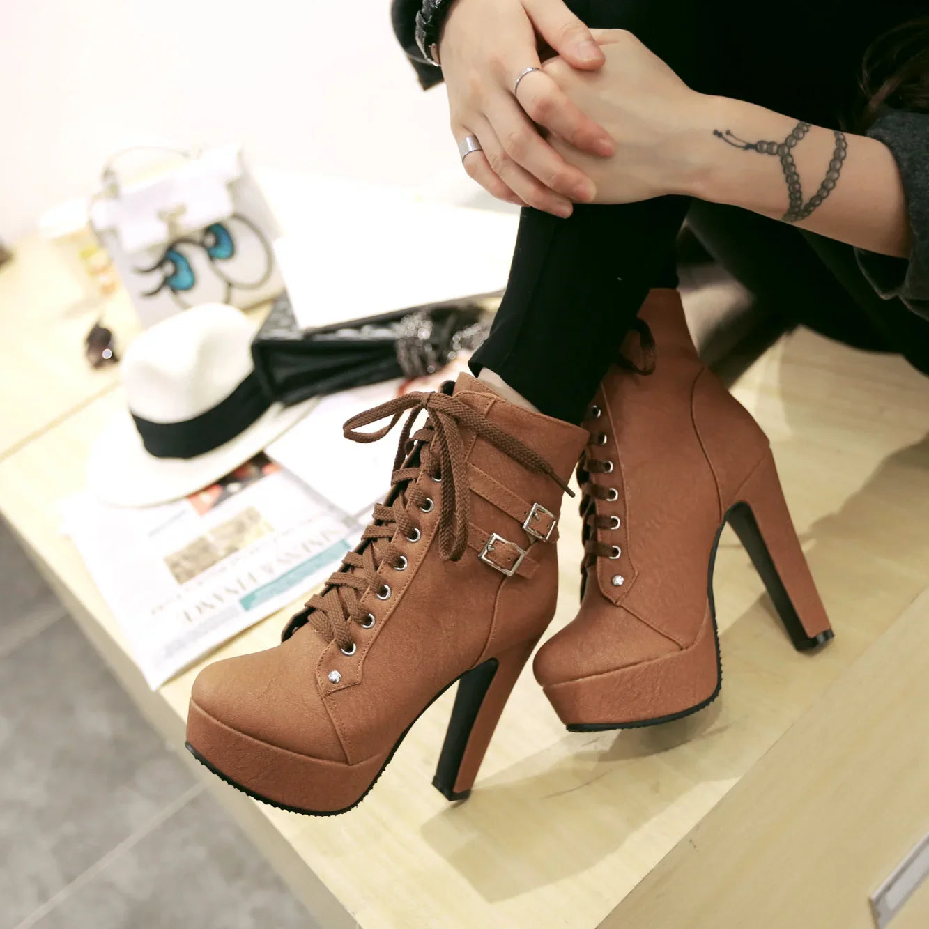 High Heel Platform Lace Up Heeled Ankle Boots