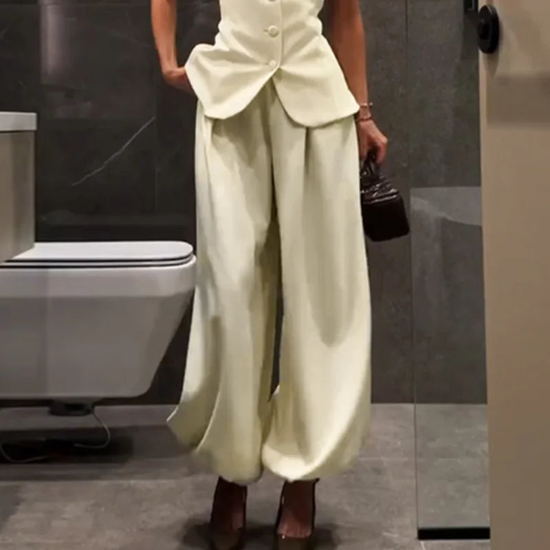 Elegant Short Sleeve Top Pants Set Women's Solid Single-breasted O Neck Waist-cinching Tops Loose Lantern Trousers 2026 Outfits