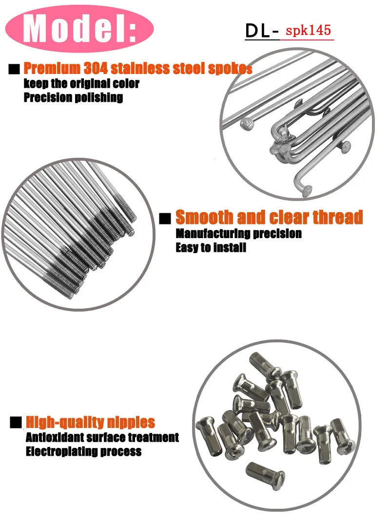 36Pcs 13G(2.25mm)122-240MM 304 Stainless Steel Bicycle Spokes & Nut Electric E-Bike Cycle